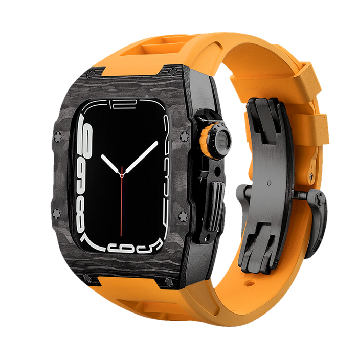 Apple Watch Carbon Fiber EDC Case Wristband | Black Titanium Shell, Orange Strap