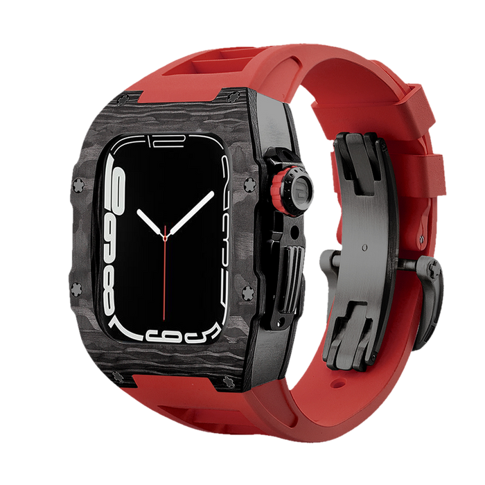 Apple Watch Carbon Fiber EDC Case Wristband | Black Titanium Shell, Red Strap