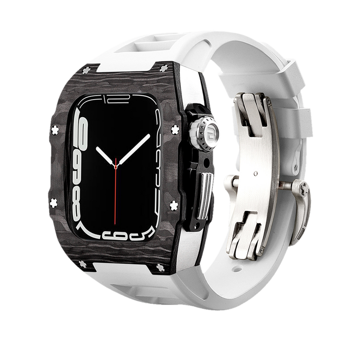 Apple Watch Carbon Fiber EDC Case Wristband | Silver Titanium Shell, White Strap