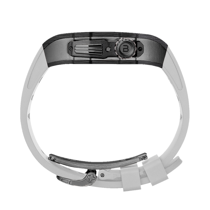 Apple Watch Carbon Fiber EDC Case Wristband | Black Titanium Shell, White Strap