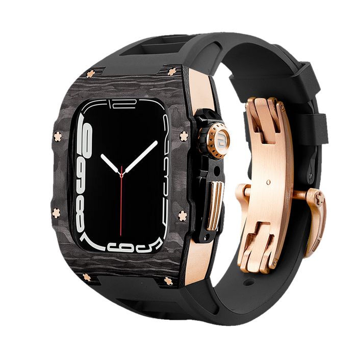 Apple Watch Carbon Fiber EDC Case Wristband | Gold Titanium Shell, Black Strap